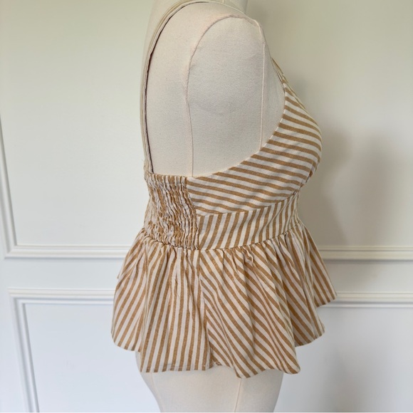 Good Luck Gem Peplum Striped Tan Women's Blouse Small - Picture 3 of 5